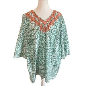 Catherines‎ Top Womens 1X Green Tunic Embroidered V Neck 3/4 Sleeve Blouse Boho